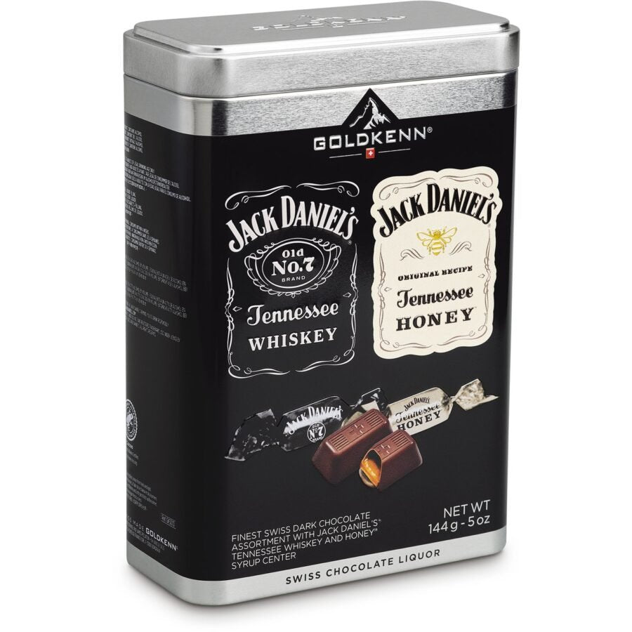 Surtido de chocolates oscuros GOLDKENN con whisky Jack Daniels Tennessee y miel en lata de regalo de 144 g
