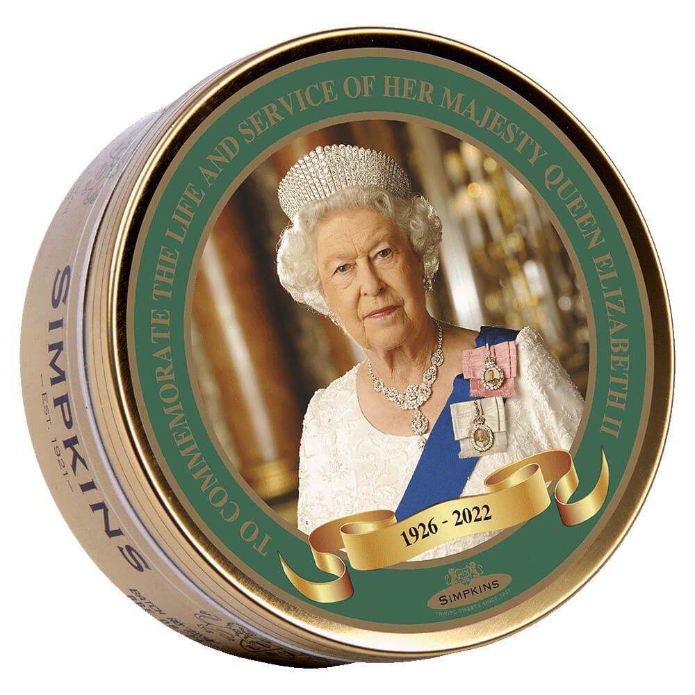 Lata de viaje conmemorativa Simpkins Queen Elizabeth II, caramelos de frutas variadas, 175 g