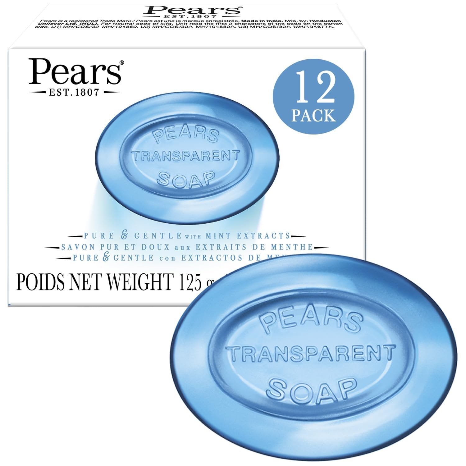 PEARS Pure & Gentle Mint Extracts Bar Soap, 4.4 oz/125g (Pack of 12)