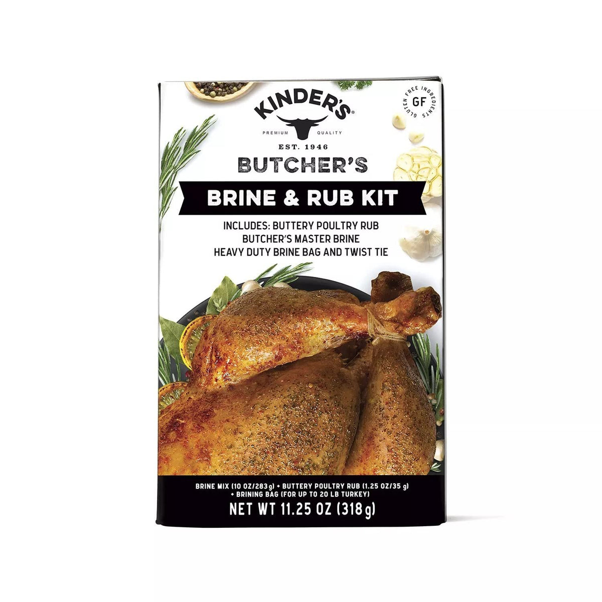 Kit de salmuera y condimento para carnicero de Kinder, incluye condimento para aves con mantequilla, mezcla de salmuera maestra de carnicero y bolsa de salmuera resistente para un pavo de hasta 20 lb, kit de 11,25 oz