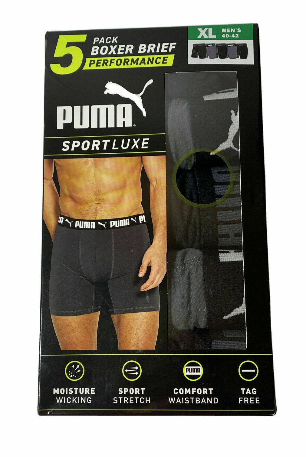 PUMA 5 Pk Black Gray Navy Boxer Briefs Performance XL 40-42