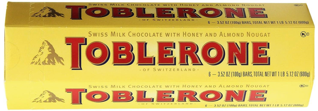 TOBLERONE SWISS MILK CHOCOLATE WITH HONEY AND ALMOND NOUGAT 6 X 100 G BARS